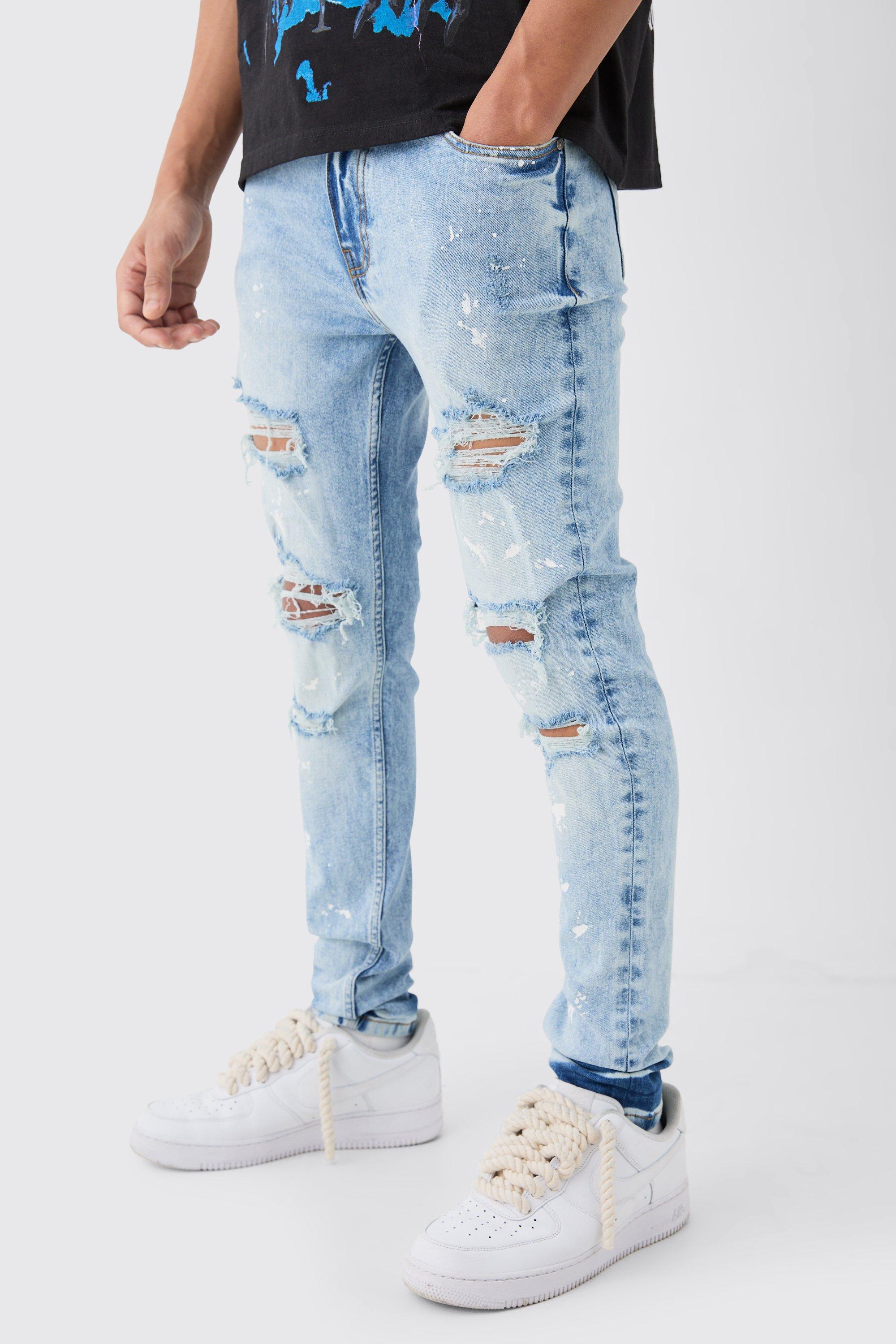 Mens Blue Skinny Stretch Paint Splatter Ripped Jeans, Blue